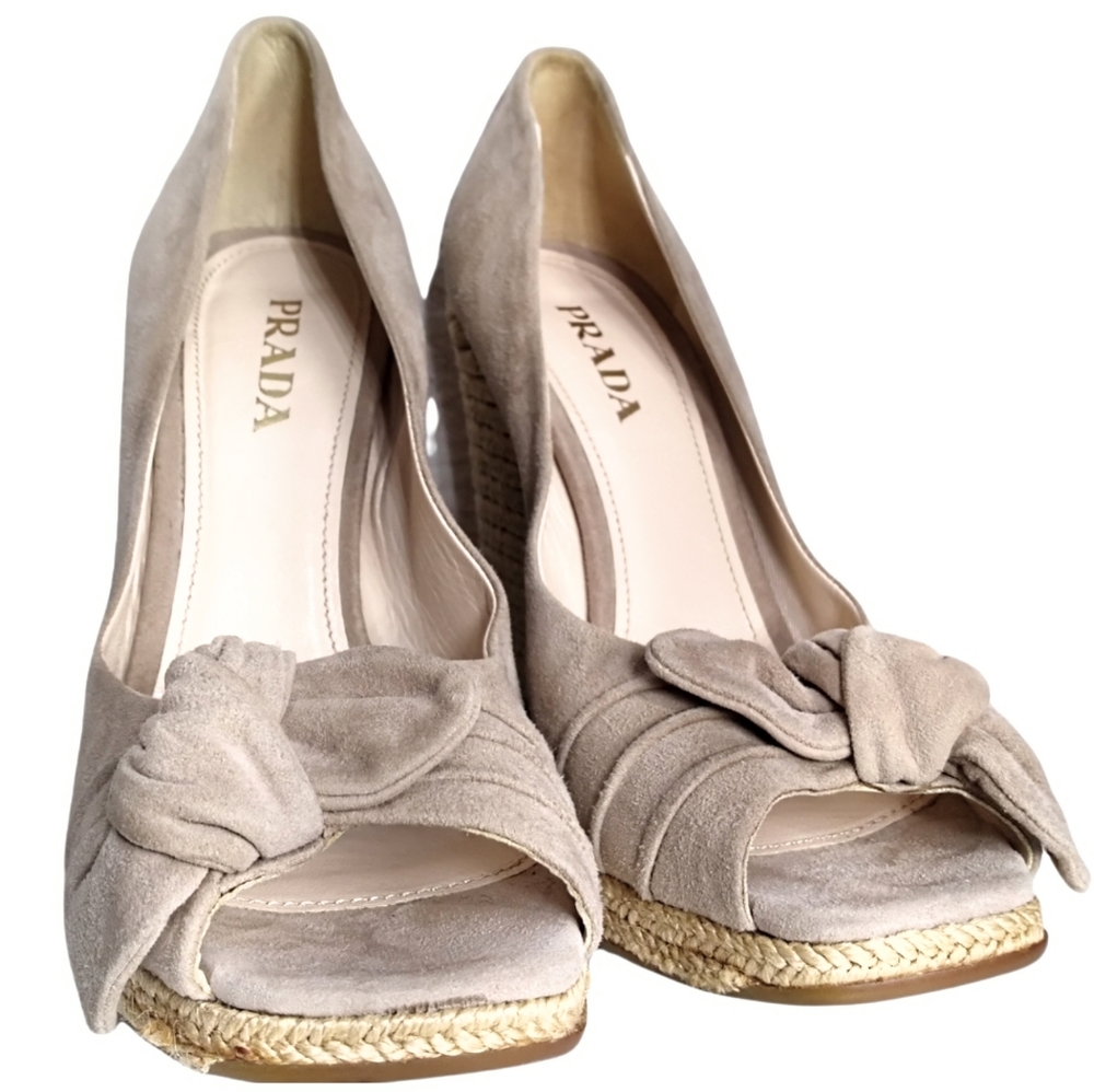 PRADA Suede Nude Espadrille Peep Square Toe Wedges Platform Sandals Shoes Size 8 - Picture 9 of 16